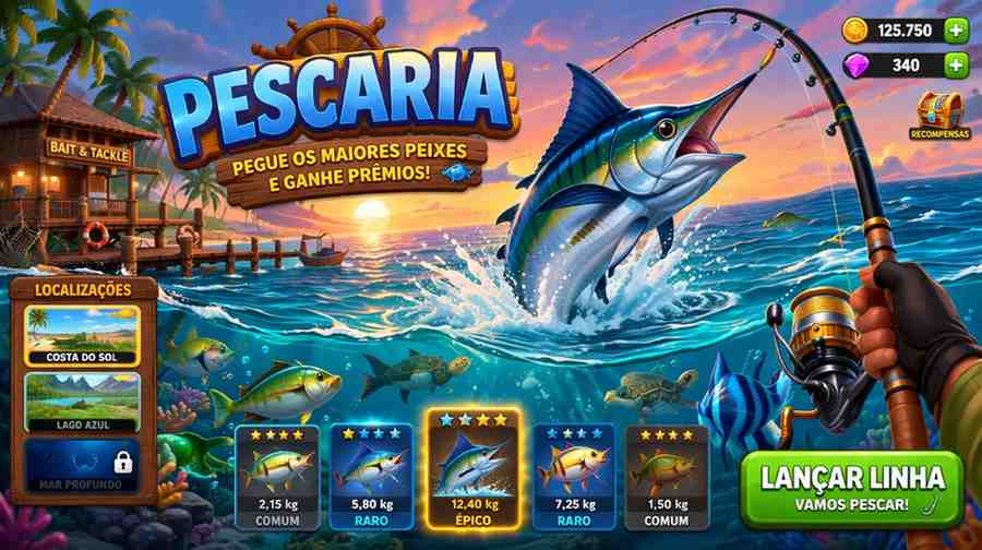 Jogo de pescaria online no 555Q cassino com peixes coloridos e canhão submarino em ação