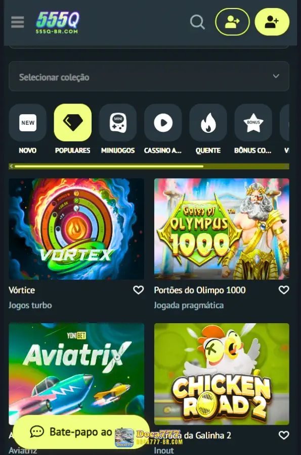 Interface do 555Q app exibindo jogos e apostas em tela mobile