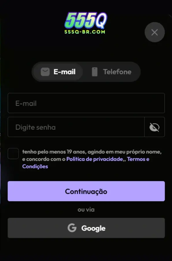 Página de 555Q registro com formulário de cadastro rápido e seguro